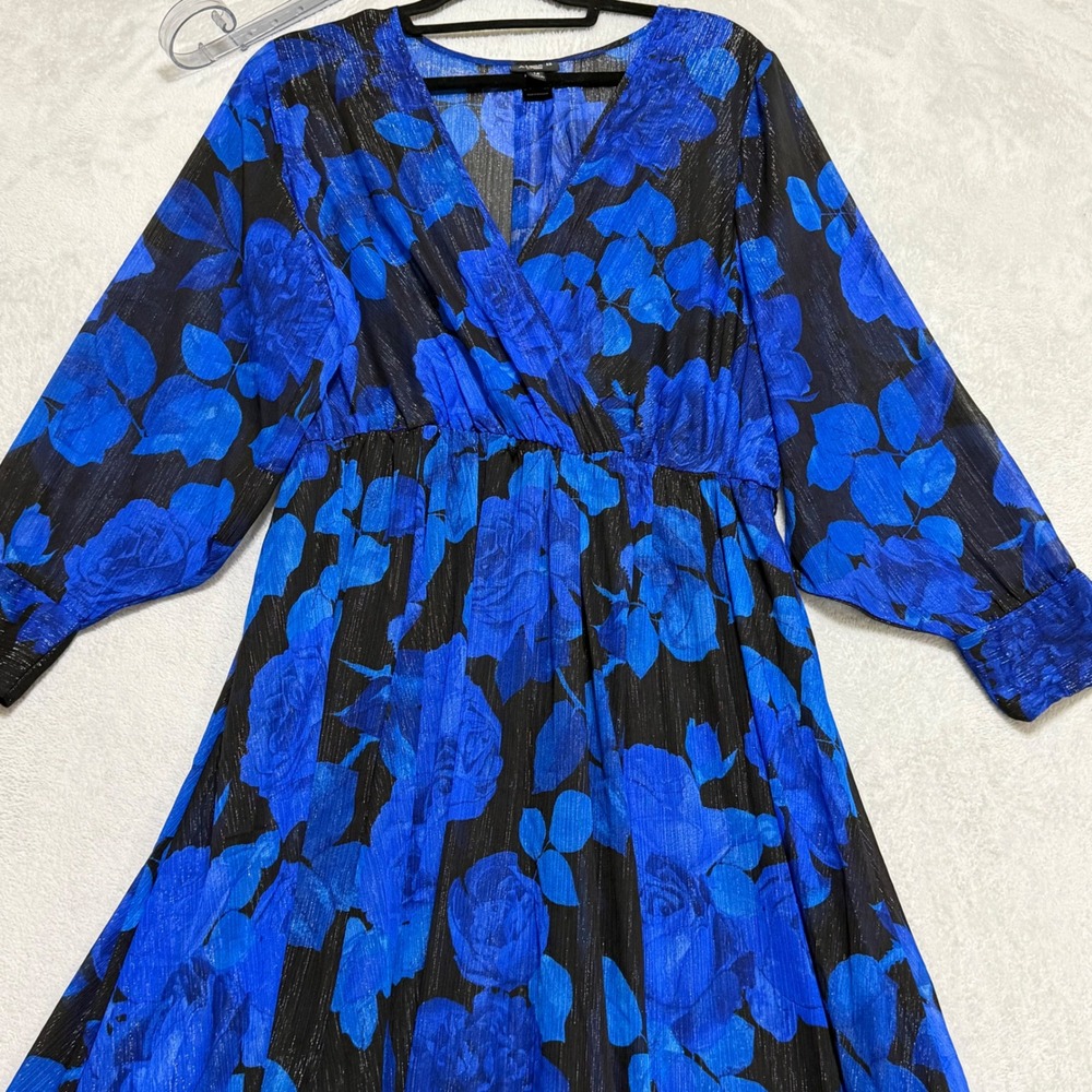 Alexa B Nites Maxi Dress Women 14 Blue Floral Metallic Faux Wrap Evening Gown